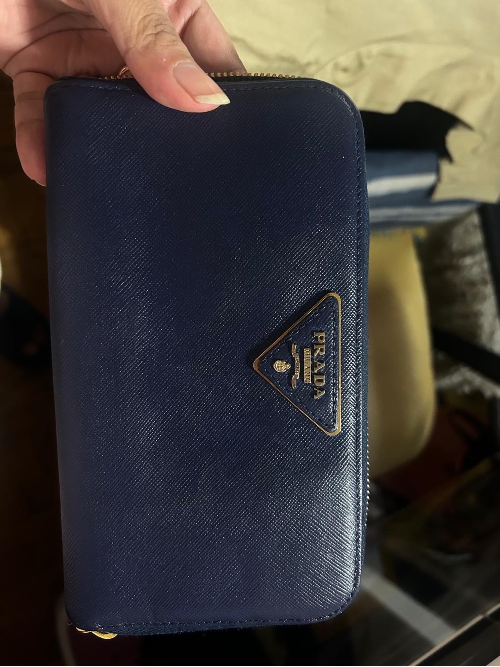 Prada Navy Saffiano Zip Wallet with Gold Triangle Logo